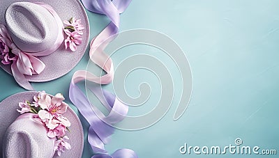 Elegant summer hats with flowers and ribbons on teal background Stock Photo