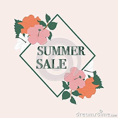 Elegant Summer sale banner with bold beautiful flowers.Vector elements. Creative round banner Vector Illustration