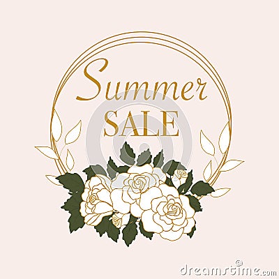 Elegant Summer sale banner with bold beautiful roses. Vector elements. Creative round banner Vector Illustration