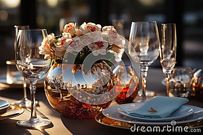 Elegant summer table with white plates and tissues, wine glasses, flowers in a golden pot, on a gold colored surface and a blurred Stock Photo