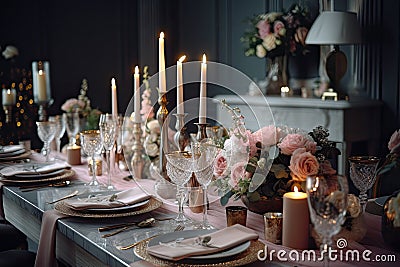 Elegant table setting with candles, flowers, and cutlery, A beautifully decorated dining table with wedding decor and centerpieces Stock Photo