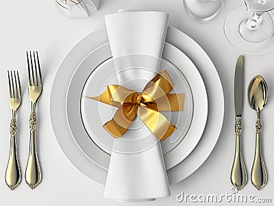 Elegant table setting with golden bow, white plates and cutlery. 3d render Generative AI Cartoon Illustration