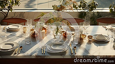 Elegant Table Setting with Pristine Marble Elegance Stock Photo