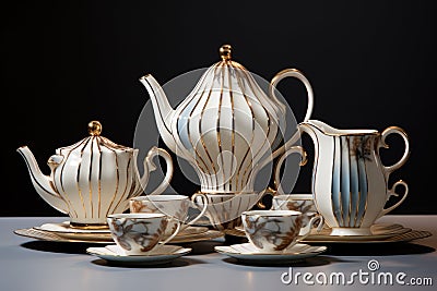 elegant tea set with vintage cups, saucers, and teapot Stock Photo