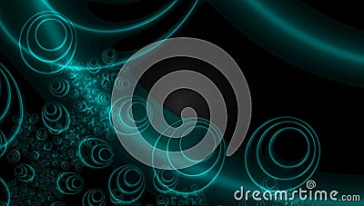 Elegant teal and turquoise neon circles fractals on dark background for invitation card or banner Stock Photo