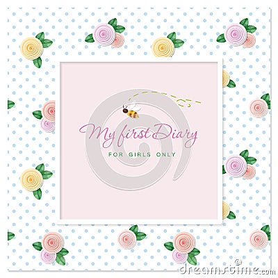 Elegant template design. Square frame with sample text. Seamless pattern with roses. For wedding, scrapbook, photoframe Vector Illustration