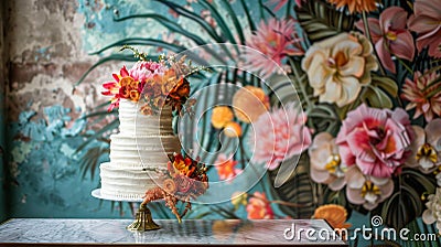 wedding cake decorated flowers AI Generated Stock Photo