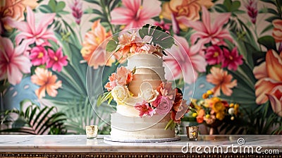 wedding cake decorated flowers AI Generated Stock Photo