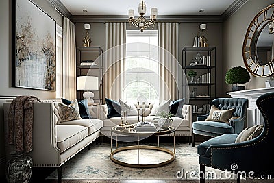 Elegant Transitional Living Room with Stunning Design Stock Photo