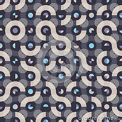 Elegant Truchet seamless vector pattern. Geometric background with random tiled wavy shapes and concentric circles. Vector Illustration
