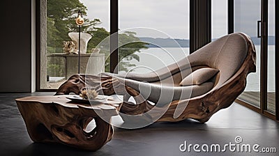 Elegant unique lounge chair and rustic wooden log coffee table Stock Photo