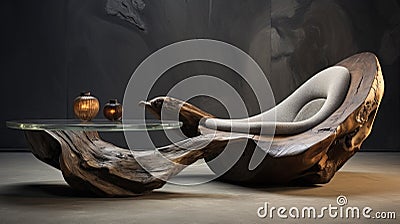 Elegant unique lounge chair and rustic wooden log coffee table Stock Photo