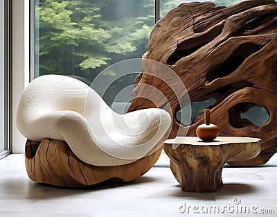 Elegant Unique Lounge Chair with Rustic Wooden Log Coffee Table. Generative ai Cartoon Illustration