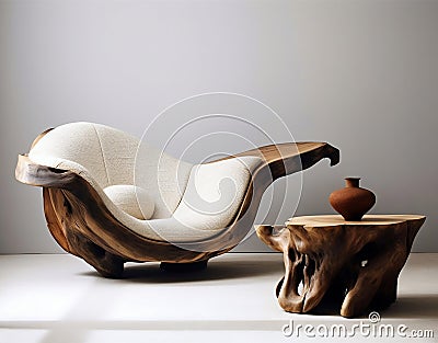 Elegant Unique Lounge Chair with Rustic Wooden Log Coffee Table. Generative ai Cartoon Illustration