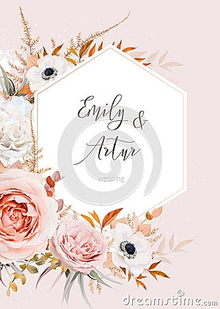 Elegant vector wedding invite, invitation save the date card design. Bouquet of blush peach, pink rose flowers, white anemone, Vector Illustration