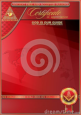 An elegant vertical form for creating certificates with Masonic symbols. Golden elements on a red background. Stock Photo