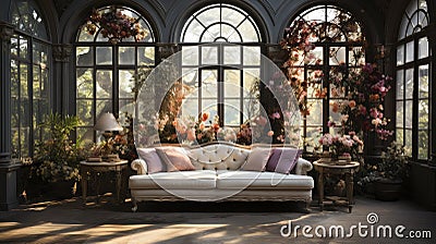 Elegant Victorian Conservatory Adorned with Spring Blossoms and Luxurious Pastel Furnishings. Stock Photo