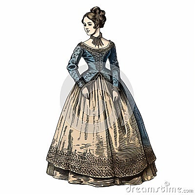 Elegant Victorian Dress Design: Antique Gown In Beige And Azure Stock Photo