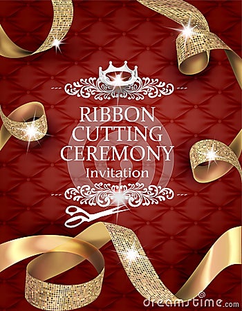 Elegant vintage ribbon cutting ceremony card with silk textured curled gold ribbons and leather background Vector Illustration