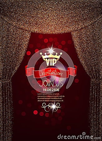 Elegant VIP invitation card with gold sparkling absrtacr curtains Vector Illustration