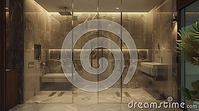 Elegant washroom, walk-in rainfall shower, no-frame glass, marble, and LED recess lighting Stock Photo