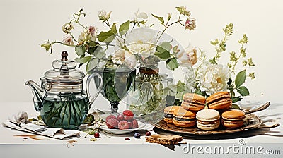 Elegant watercolor composition of a tea party spread, complete with teapot, cups Stock Photo