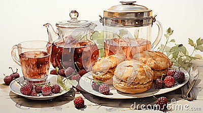 Elegant watercolor composition of a tea party spread, complete with teapot, cups Stock Photo