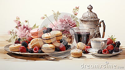 Elegant watercolor composition of a tea party spread, complete with teapot, cups Stock Photo
