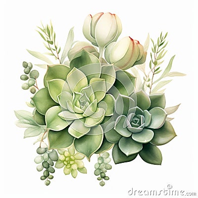 Elegant Watercolor Illustration Of Succulents And Flowers Cartoon Illustration