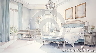 Elegant Watercolor Painting Of A Bed In A Luxurious Bedroom Cartoon Illustration