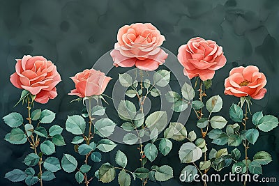 Elegant Watercolor Rose Quartet with Eucalyptus. Concept Watercolor Painting, Roses, Eucalyptus, Stock Photo