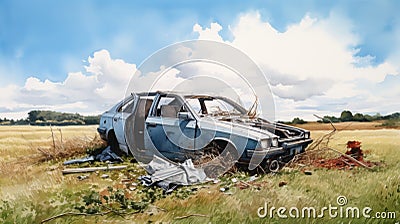 Elegant Watercolor Still-life: Crashed Police Car In Grassy Field Cartoon Illustration