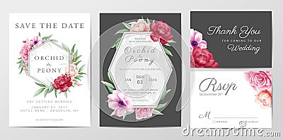 Elegant watercolor wedding invitation card template design set with roses flowers vector Vector Illustration