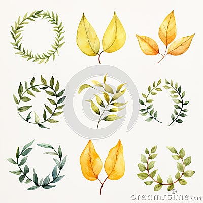 Elegant Watercolor Wreaths Dark Yellow And Light Green Leaves Stock Photo