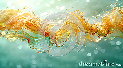 Elegant wave of orange liquid on blue background. Feeling of dynamism, energy and positivity. Banner. Stock Photo