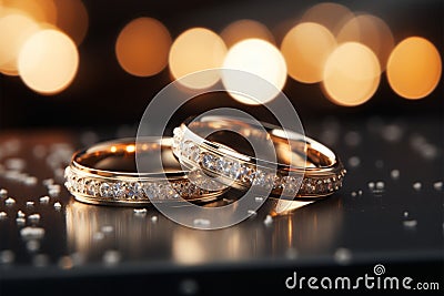 Elegant wedding bands in a glittering, bokeh style closeup photo Stock Photo