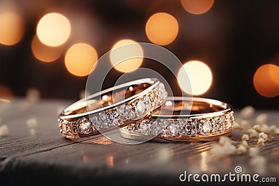 Elegant wedding bands in a glittering, bokeh style closeup photo Stock Photo