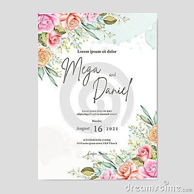 Elegant wedding card with beautiful floral and leaves template Vector Illustration