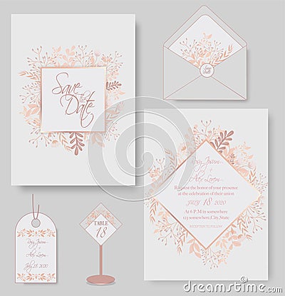 Elegant wedding cards consist of various kinds of flowers Vector Illustration