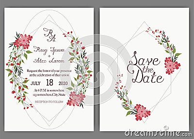 Elegant wedding cards consist of various kinds of flowers Vector Illustration