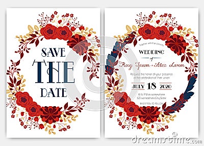 Elegant wedding cards consist of various kinds of flowers Vector Illustration