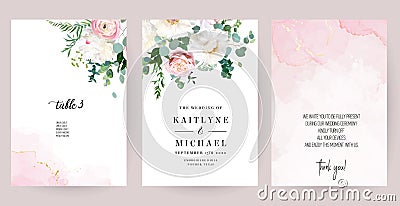 Elegant wedding cards with pink watercolor texture and spring flowers Vector Illustration