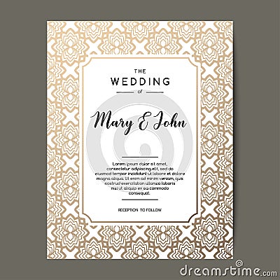 Elegant wedding invitation background. Card design with gold floral ornament. Vector Illustration