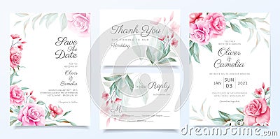 Elegant wedding invitation card template set of beautiful flowers decoration. Elegant garden floral border save the date, Vector Illustration