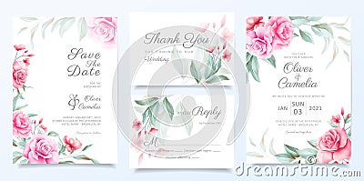 Elegant wedding invitation card template set of beautiful flowers decoration. Elegant garden floral border save the date, Vector Illustration