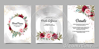 Elegant wedding invitation card template set with floral frame and fluid background. Roses and leaves botanic illustration for Vector Illustration