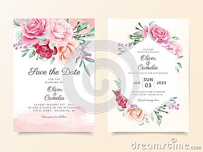 Elegant wedding invitation card template set with soft watercolor flowers decoration. Floral illustration background of peach Vector Illustration