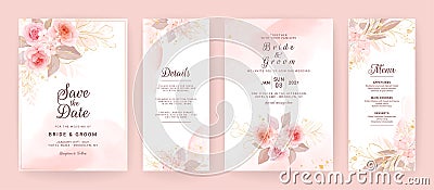 Elegant wedding invitation card template set with watercolor and floral decoration. Flowers background for social media stories, Vector Illustration