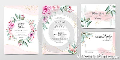 Elegant wedding invitation cards template with watercolor floral decoration. Floral frame and golden watercolor textured Vector Illustration