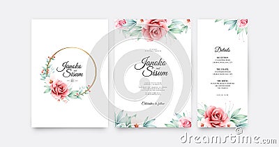 Elegant wedding invitation set template with roses flowes watercolor Vector Illustration